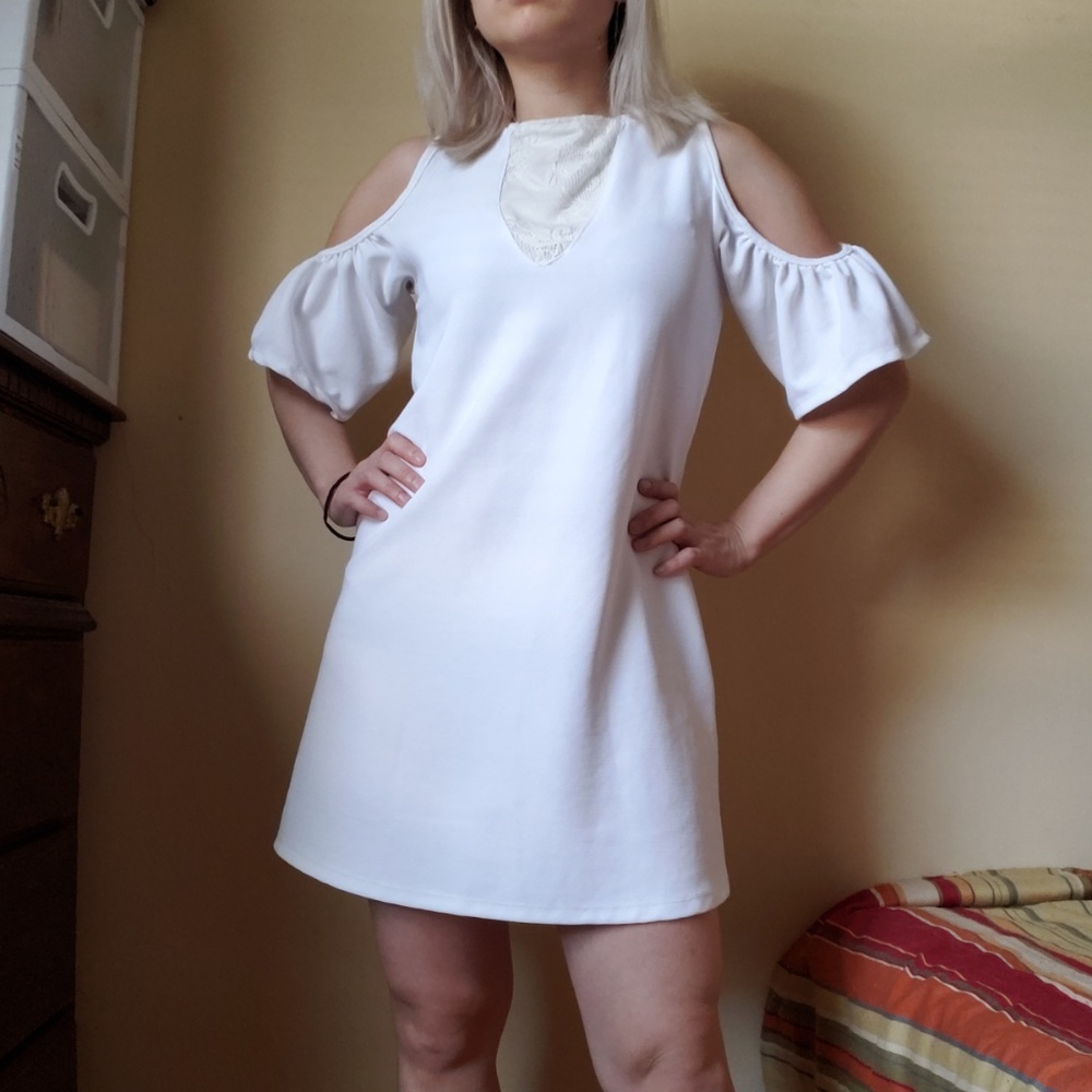 Zara White Ivory Cold Shoulder Shift Dress Small - Picture 7 of 8